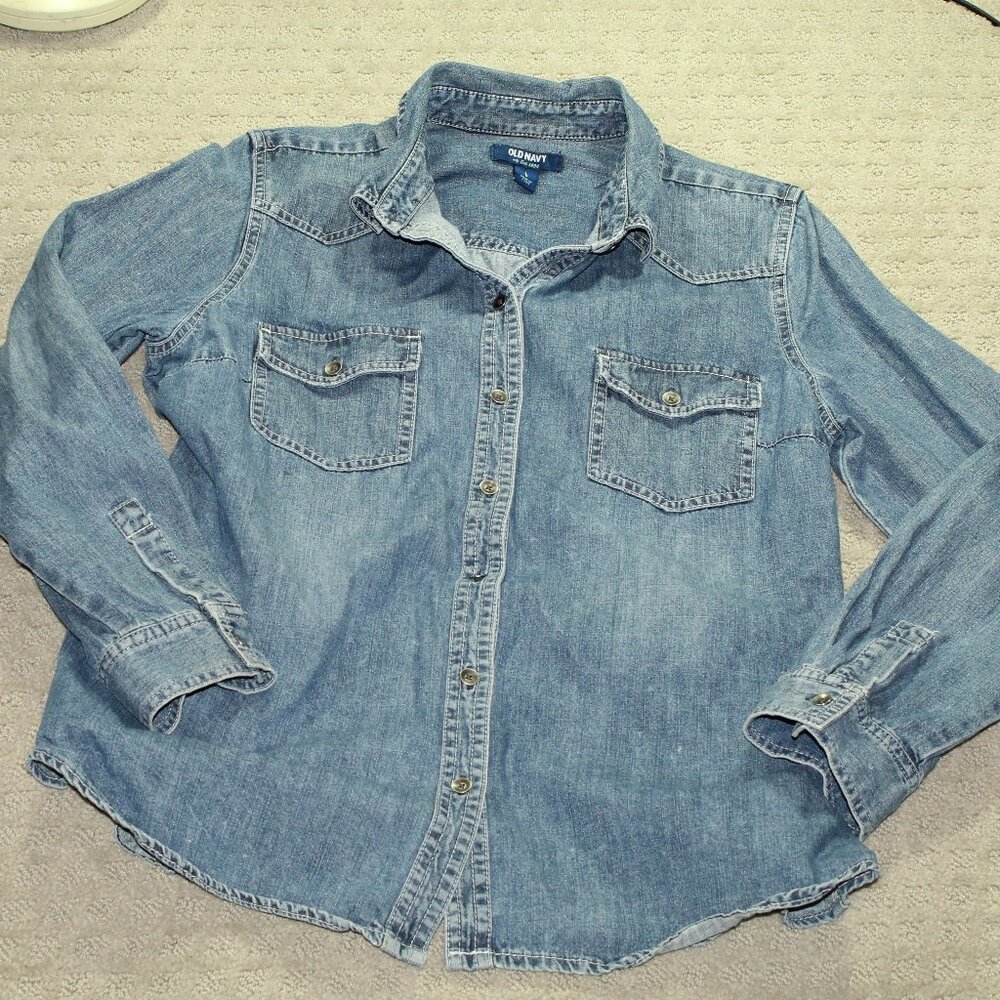 Old Navy Womens Shirt Sz L Cotton Blue Denim Chambray Long Sleeve Cotton Western
